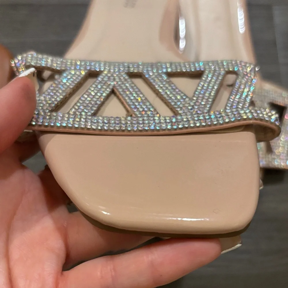 BAMBOO Beige Rhinestone Slide Sandals - Picture 2 of 5
